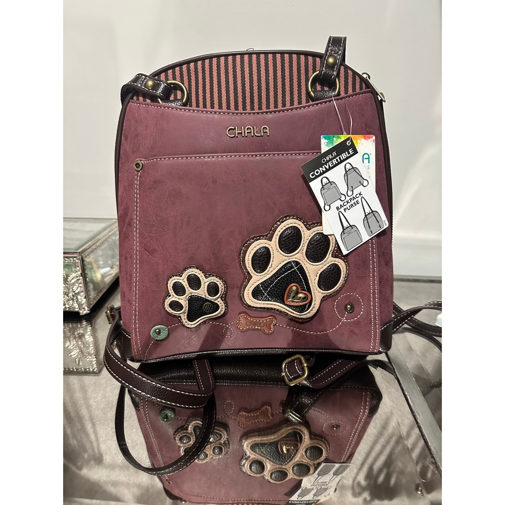 Chala Convertible Backpack Purse Burgundy Paw Print Faux Leather Crossbody Bag